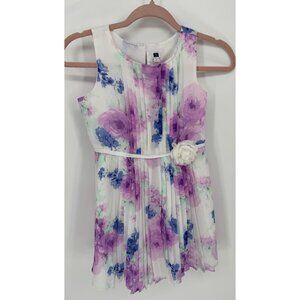 Janie & Jack Girls Pleated Floral Dress With White Belt & Flower Accent